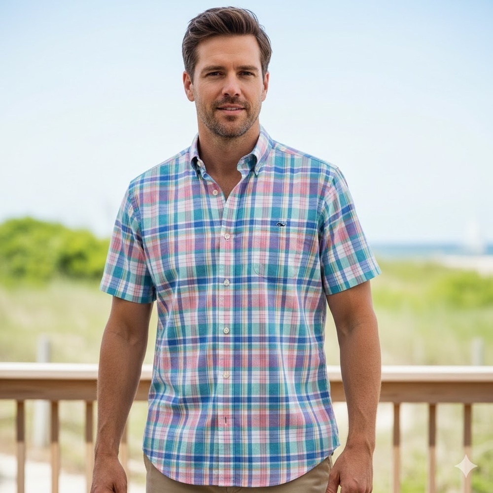 EUC Men's Vineyard Vines Pink Green Plaid Classic Fit Tucker Shirt Size LARGE